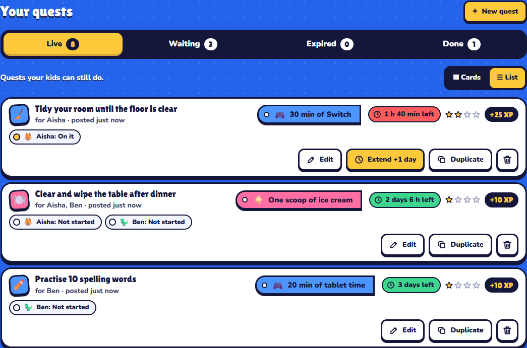 Quest Board list view showing demo family tasks, their rewards and each child’s progress.
