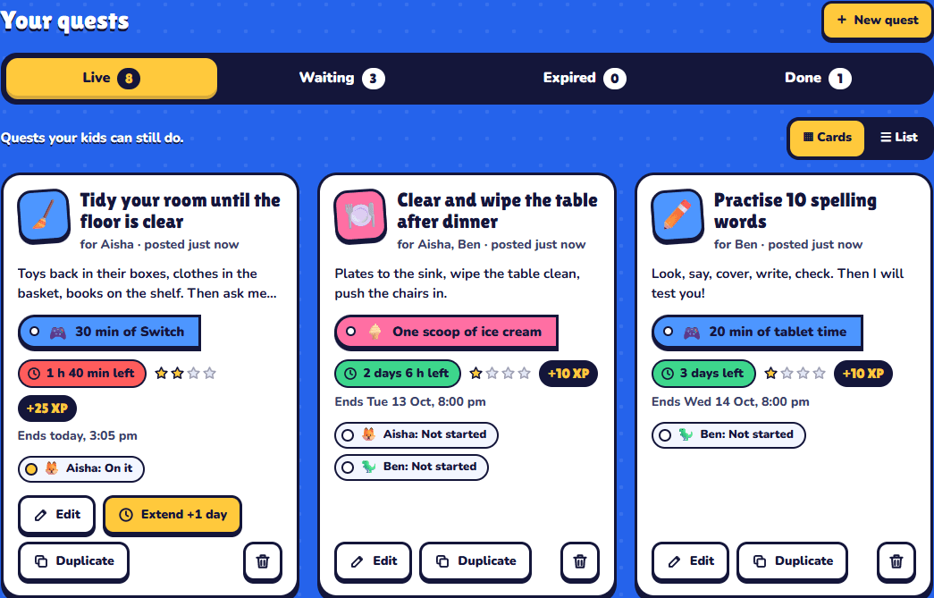 Quest Board tile view showing demo task cards with rewards, progress and parent controls.